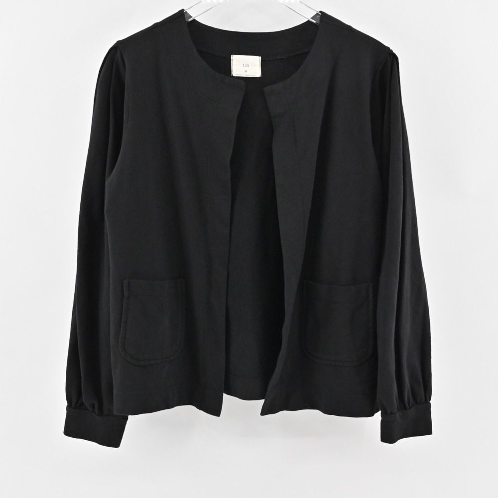 Anthropologie T.La Cardigan Womens Size M Black Open Front Patch Pocket Preppy